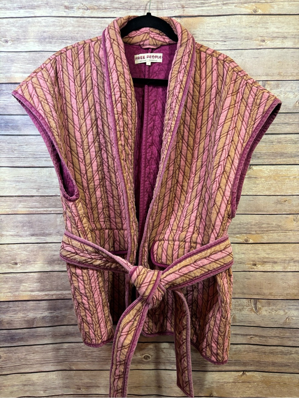 Free People Sunrise Quilted Vest Jacket stripped Piping tie waist Size Large - Picture 4 of 12